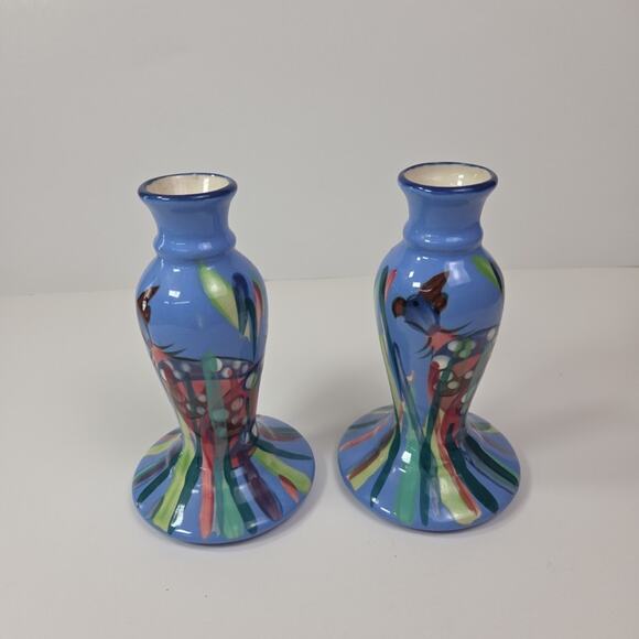 Mexican Hand Painted Candle Sticks 6 Inch Blue Set of 2 Art Pottery Vintage 2001 - Picture 5 of 9